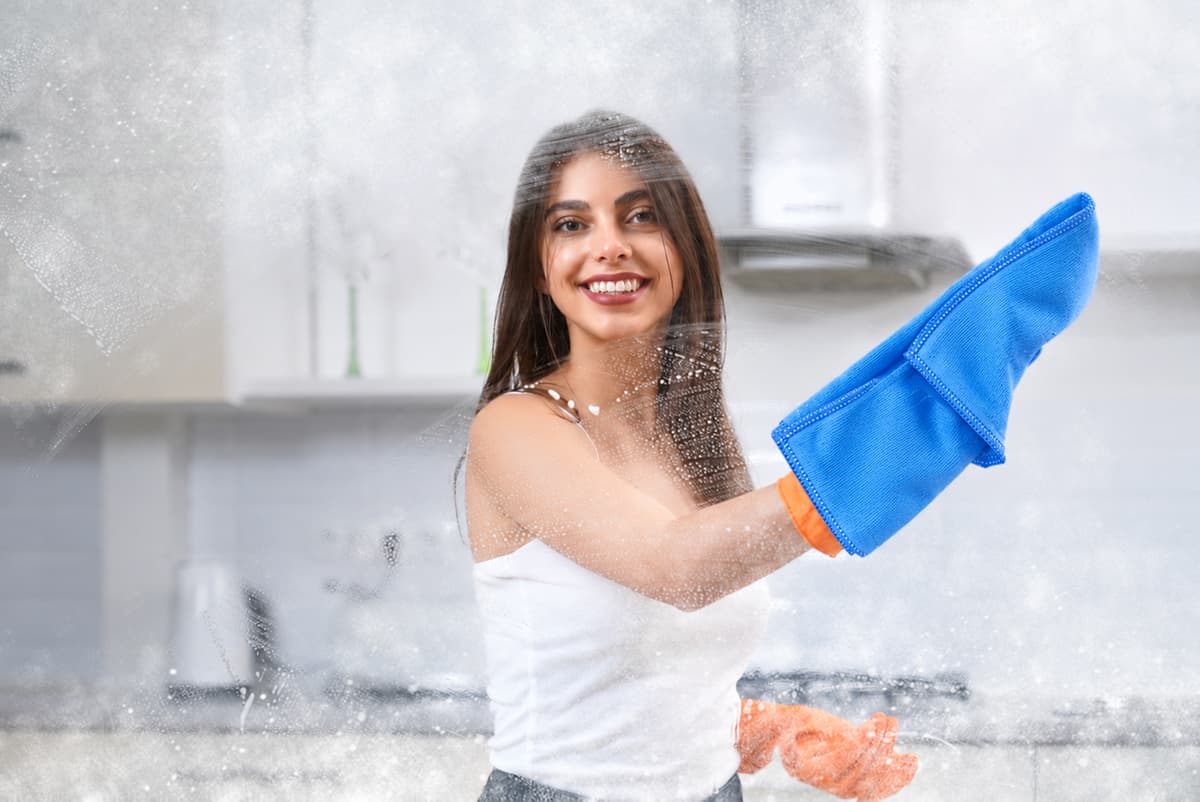 Femeie care șterge un geam cu o lavetă albastră din microfibră IdealClean
