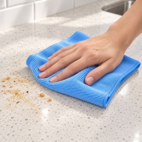 Mână care șterge un blat murdar cu o lavetă albastră din microfibră