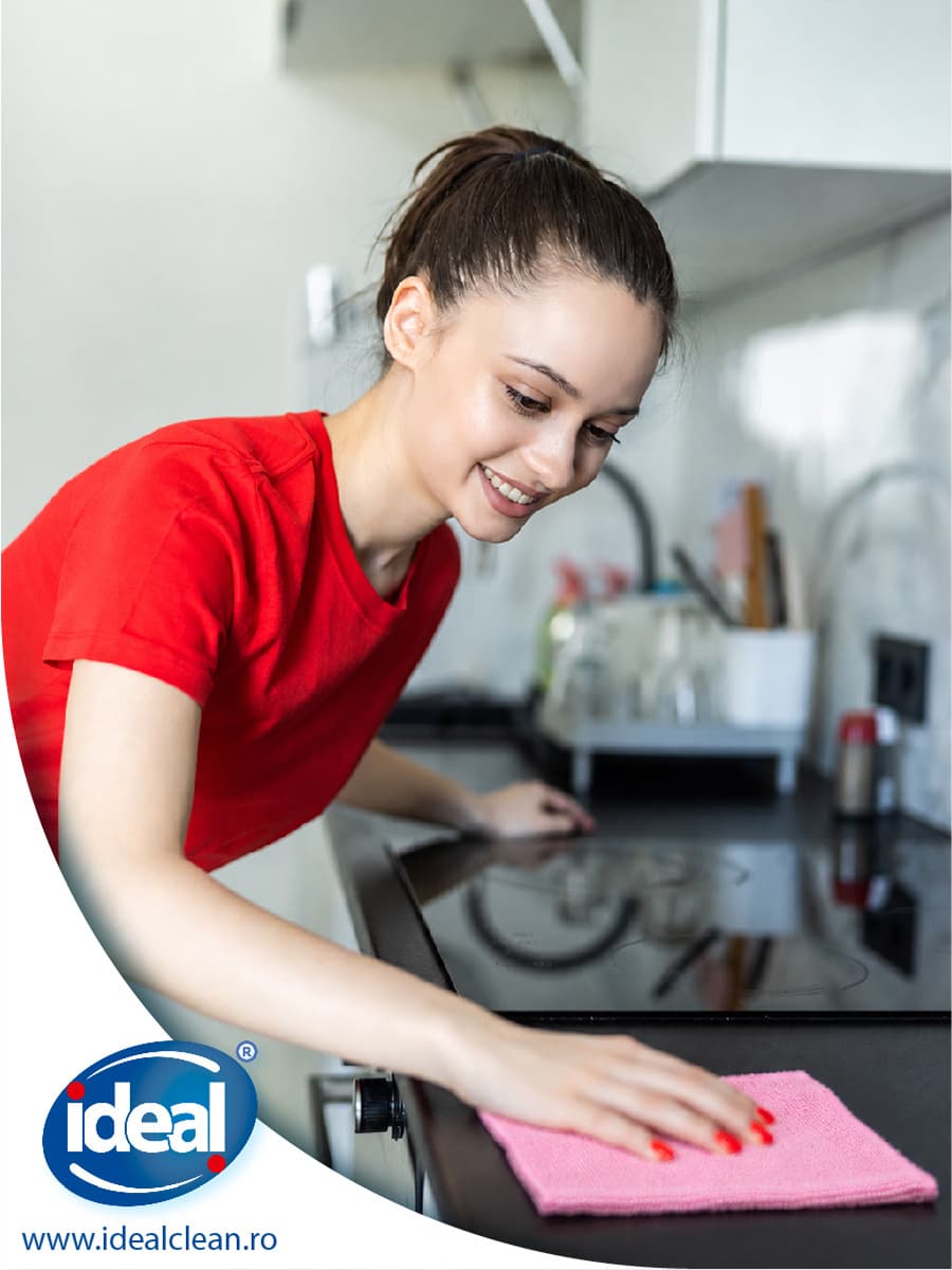 Andreea R. șterge plita cu o lavetă Basic Professional roz