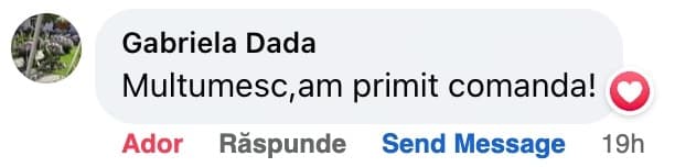 Comentariu pe Facebook de la Gabriela Dada: „Multumesc, am primit comanda!”