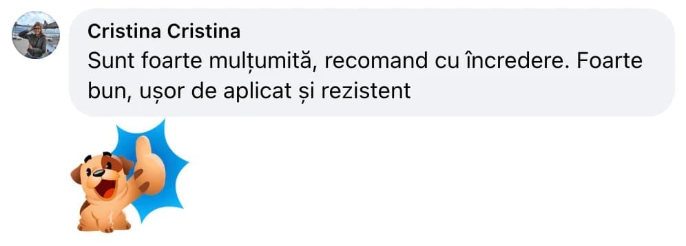 Comentariu pe Facebook de la Cristina Cristina: „Sunt foarte mulțumită, recomand cu încredere. Foarte bun, ușor de aplicat și rezistent”